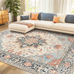 RELEANY Washable Area Rug, 7'x10', Beige/Blue/Orange by RELEANY