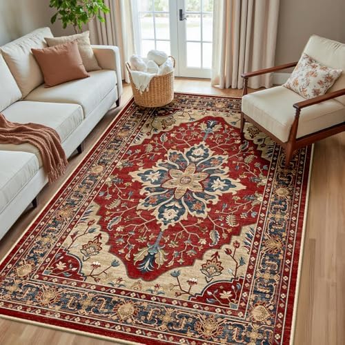 RELEANY Washable Area Rug, 5'x8', Red/Blue by RELEANY