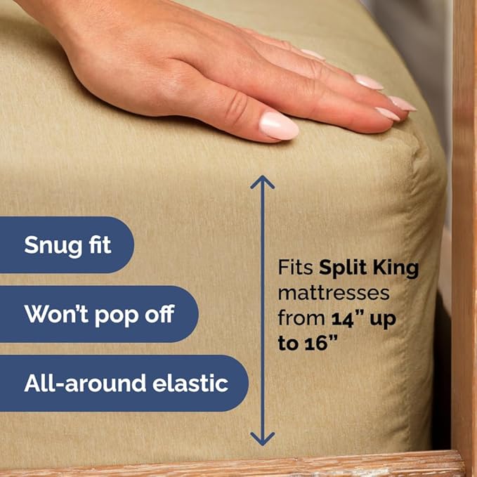 Split Head King Sheet Set – 4 Piece Flex Split Top King Sheets for Adjustable Beds - Fits 14” to 16" Mattress w/ Deep Pockets - Breathable & Cooling - Luxury Bedding and Wrinkle Free - Heathered Tan
