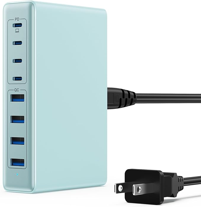 200W USB C Charger Block,GaN IV Charging Station 8 Ports,QC4.0 Fast Charging Station Hub+PD 65W USB C Laptop Charger Adapter Compatible with MacBook Air/Pro,DELL,iPhone 17/16,iPad,Steam Deck-Sky Blue