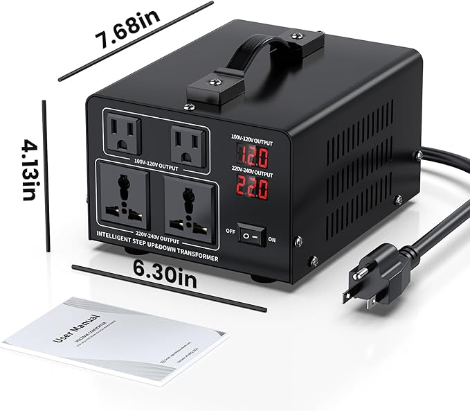 1500W Voltage Converter Transformer Step Up 110V/120V to220V/240V or Step Down 220V to 110V AC Power Converte, Circuit Breaker Protection, 2 US sockets, 2 Universal sockets, LCD Display