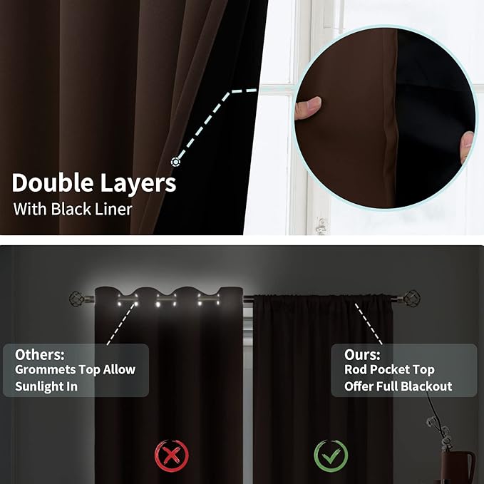 BGment Thermal Insulated 100% Blackout Curtains for Bedroom with Black Liner, Double Layer Full Room Darkening Noise Reducing Rod Pocket Curtain (42 x 84 Inch, Brown, 2 Panels)