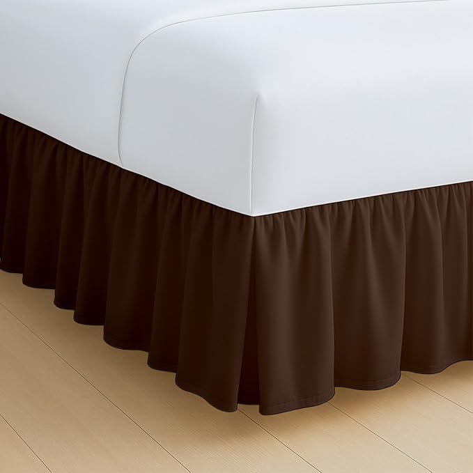 Rajlinen Ruffled Bed Skirt Full XL, 24 Inch Drop Dust Ruffle with Split Corners, 100% Microfiber Bedskirt with Platform, Three-Sided Coverage Ruffled Gathering Design, Chocolate