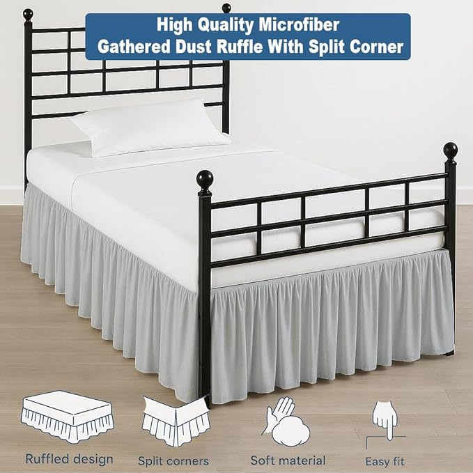 Ruffled Bed Skirt Split Corners with Platform, Tailored Fit Hotel Quality Wrinkle Free Ultra-Soft Microfiber Dust Ruffle, Upto 18 Inch Drop, Twin, Light Grey