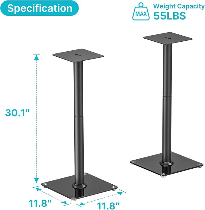 PEGZONE Speaker Stands Pair for Surround Sound,55 LBS Capacity,30.1 inch Floor Bookshlef Speaker Stands,Cable Management,Large Base,1 Pair,Black