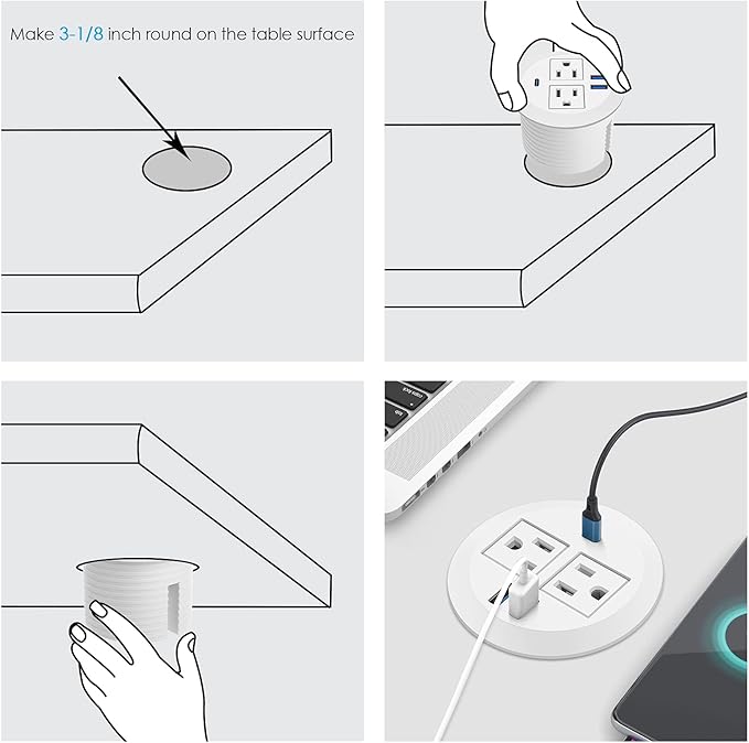 Jgstkcity 2-in-1 Desktop Power Grommet with USB-C Output, 125V, 12A, 2 AC Outlets, 3 USB Charging Ports, White