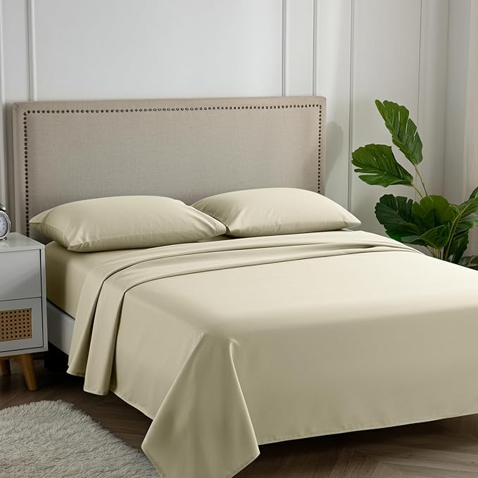 Carressa Linen 100% Egyptian Cotton King Size Sheets Set - 600 Thread Count Egyptian Cotton Queen Sheets King Size (4 PC, Beach Sand), Soft, Cooling, 16" Deep Pocket Sateen Weave Luxury Bed Sheet Set