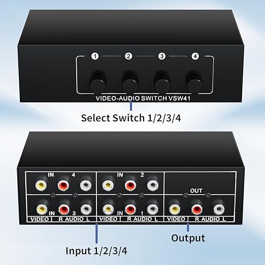 RCA Switch 4 in 1 Out Composite Video L/R Audio Selector Box 4X1, BolAAzuL 4-Way RCA Switcher - 4 Port AV Selector Switch - Plug & Play for Wii PS2 Xbox DVD STB HDTV