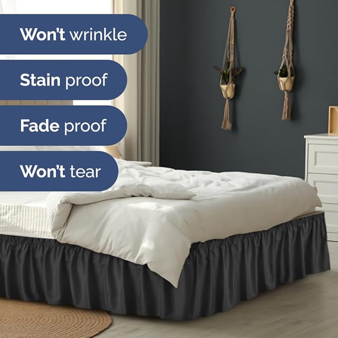 Wrap Around Dust Ruffle Bed Skirt - Black - for Twin Size Beds w/ 14 Inch Drop - Easy Fit Elastic Strap - Adjustable Pleated Bedskirt w/Brushed Fabric, Wrinkle & Fade Free Women, Men, Kids & Teens