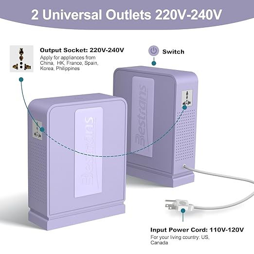 BESTRANS 3000W Step Up Transformer 110v to 220v Converter, Heavy Duty Voltage Converter 110v-120v to 220v-240v with Dual Outlets, Overload Protection & Ultra-Quiet for Home Appliances, Light Purple