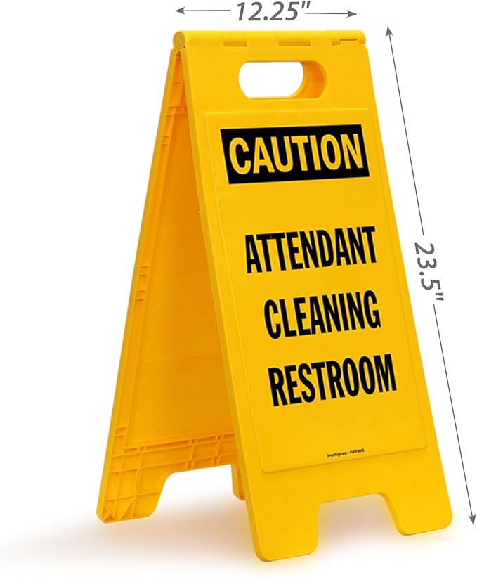 SmartSign 25 x 12 inch “Caution - Attendant Cleaning Restroom” Two-Sided Folding Floor Sign with Falling Symbol, Portable and Lightweight A-Frame, Easy Grip Handle, Plastic, Black and Yellow