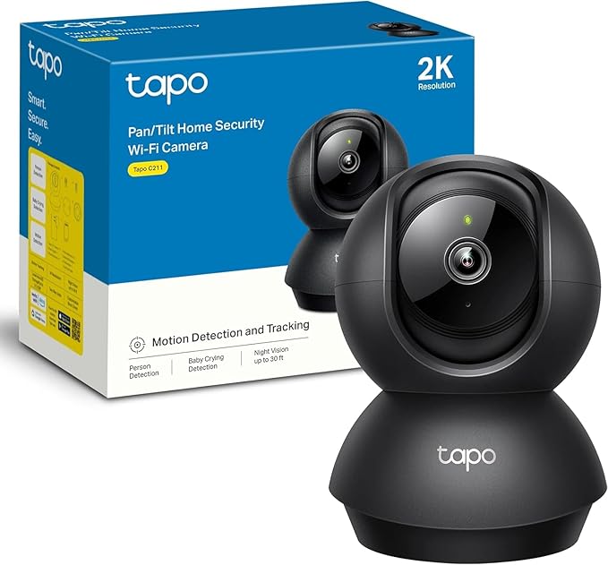 Tapo 2K Indoor Pan/Tilt Wired Security Camera - Works as a Baby Monitor & Pet Camera, Motion Detection, 2-Way Audio, Siren, Night Vision, Subscription-Free Local Storage or Optional Cloud, Black, C211