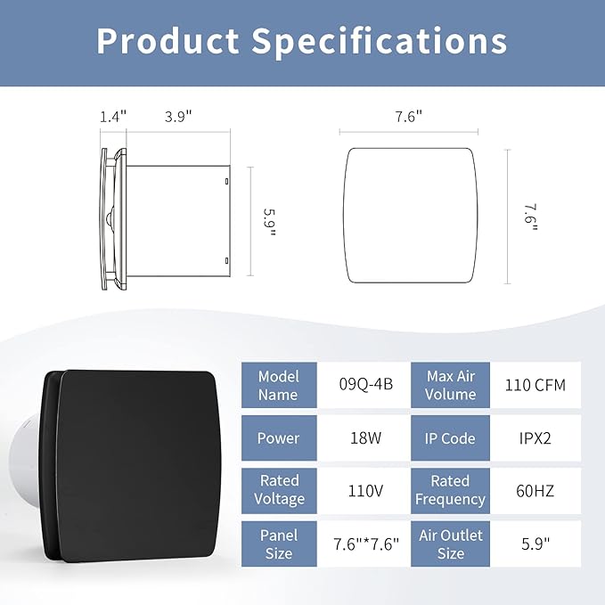 Zeyzer Black Bathroom Fan 110 CFM 1.0 Sone 5.9" Duct Square Ceiling or Wall Mount Ventilation Exhaust Fan for Bathroom/Corridor/Office/Laundry Room/SHop
