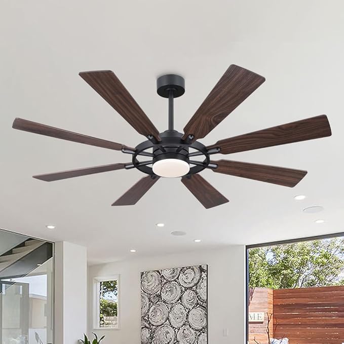ELEHINSER 60 Inch Ceiling Fan with Lights and Remote Control, 8 Plywood Blades, 6-Speed Noiseless Reversible DC Motor, 3CCT, Windmill Ceiling fan for Kitchen Bedroom Living Room, Black and Walnut