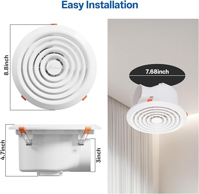 Hawkrown 8 Inch Round Bathroom Exhaust Fan，110 CFM 1 Sone Powerful and Quiet Bathroom Ventilation, Replacement for Mobile Home，Through Wall Vent Fan, Easy Install