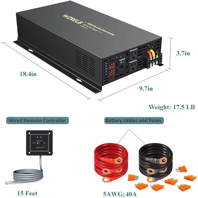 WZRELB 5000W 12VDC 120VAC Pure Sine Wave Power Inverter, 2 AC Outlets, Wired Remote Control, RV (RBP-500012WR)