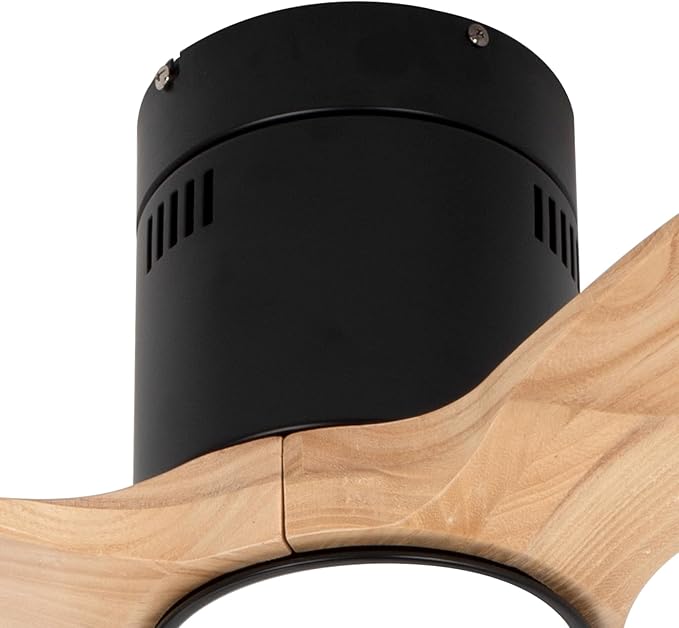 OUATER Wood Flush Mount Ceiling Fan with Light,52 inch Low Profile Modern Ceiling Fans for Outdoor/Patios/Bedroom/Office,3 color light,6 Speed,DC Motor,Wood and Modern Matte Black
