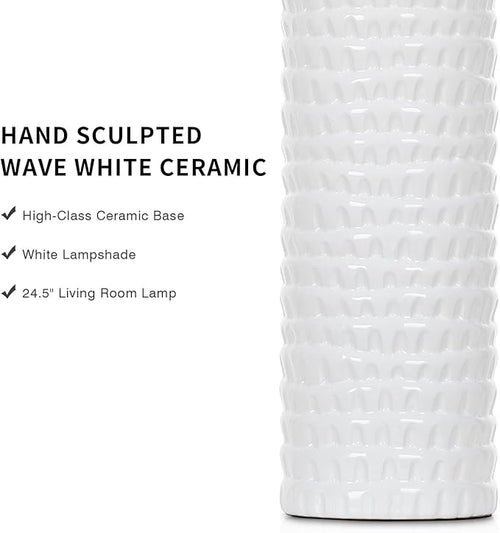 24.5" Modern Ceramic Table Lamps for Living Room ，Farmhouse Nightstand Lamps Set of 2 with White Linen Shade Office Reading Lamp ，Bedroom Lamps for Bedside End Table, Bedroom, Living Room, White