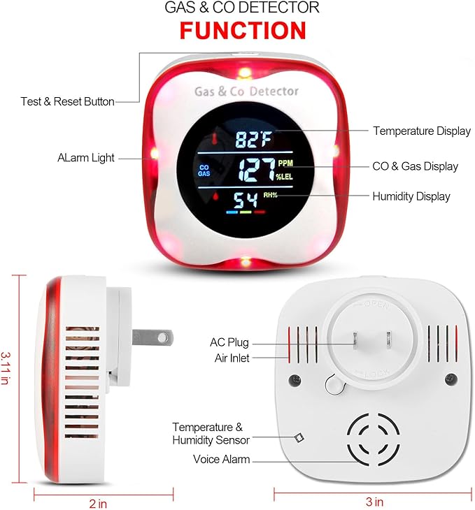 Combustible Gas & Carbon Monoxide Detector 4-in-1 Alarm with Temp/Humidity Sensor – Plug-in CO/Gas Leak Detector for Home, RV, Apartment Safety (Explosive Gas & CO Detection) (CO&Gas, 2-Pack)