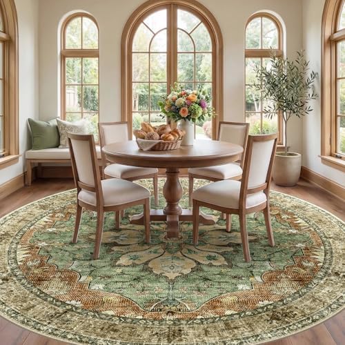 RELEANY Washable Area Rug, Round 8ft, Brick/Brown/Green - Image 2