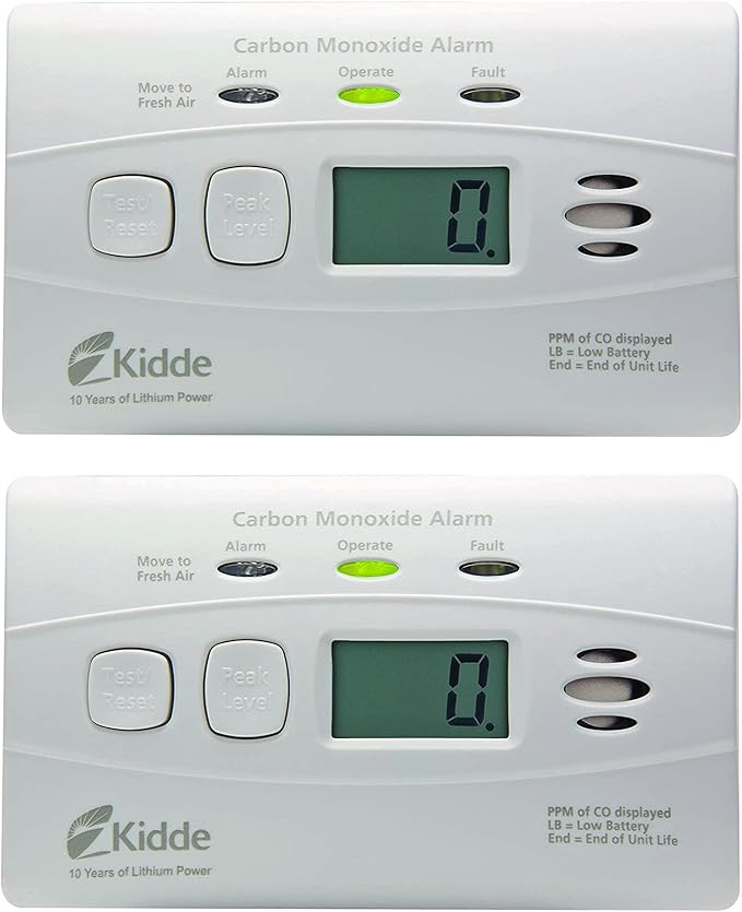 Kidde Carbon Monoxide Detector with Long-Life Lithium Battery, Digital Display, 3 LEDs, Pack of 2 & Nighthawk Carbon Monoxide Detector, AC-Plug-in with Battery Backup, Digital Display