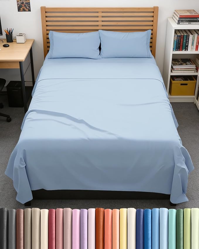 Full XL Bed Sheet Set - 4 Piece Extra Long Extended Full XL Sheets - Soft, Breathable & Cooling - Fits 8” to 16" Mattress w/ Deep Pockets - 54" x 80" - Easy-Fit, Wrinkle & Fade Resistant - Sky Blue