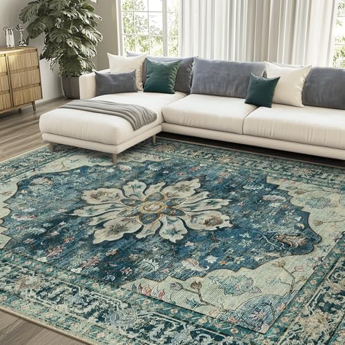 RELEANY Washable Area Rug, 8'x10', Blue/Vintage Dark Blue by RELEANY