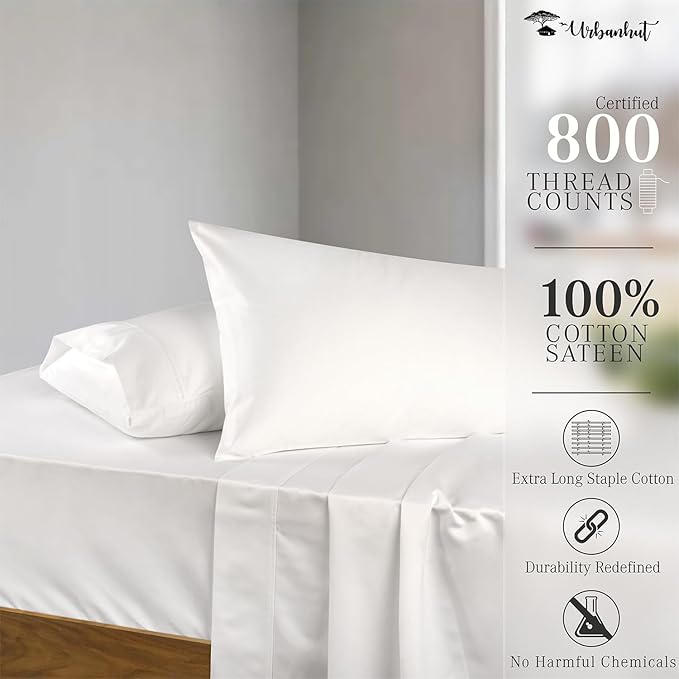 URBANHUT 800 Thread Count 100% Cotton King Size Sheets, Luxury 4 Piece King Bedsheets, Hotel Sheets Sateen Finish - Better Than Egyptian, 16" Elasticized Deep Pocket - White