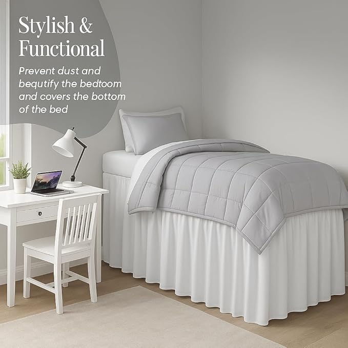 Cottingon Dorm Bed Skirt Twin XL 36" with Split Corners, 100% Microfiber Soft and Stylish, College Room Essential, Extra Long Dust Ruffle for Extended Beds, White