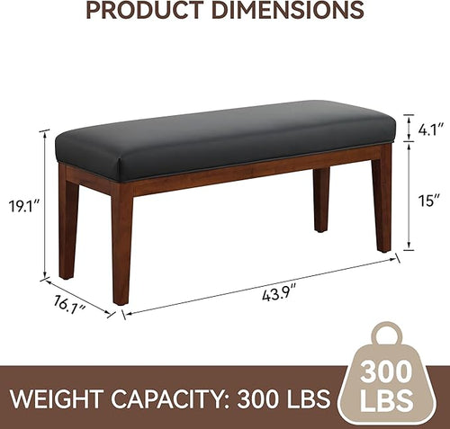 43.5'' Faux Leather Bedroom Bench, Upholstered End of Bed Bench, Padded Vintage Dining Bench, Entryway Bench with Solid Wood Legs, Kitchen, Living Room, Hallway, Black