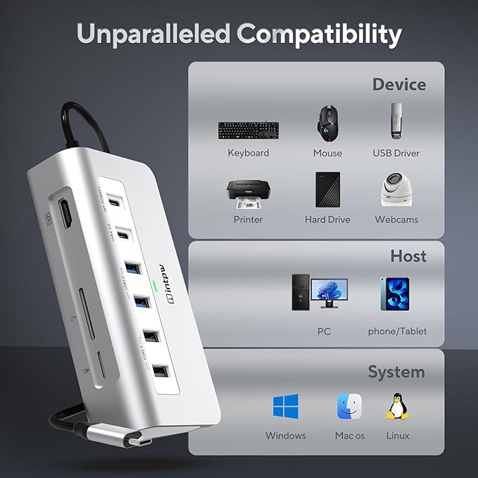 P9 USB C Hub, intpw 9-in-1 USB C Hub Multiport Adapter with 4K HDMI, PD 100W, Type-C & 2 USB A 3.0 5Gbps, 2 USB A 2.0, SD/TF Card Reader, Aluminum USB Hub for Laptop, iPhone 17 Series, MacBook, iPad