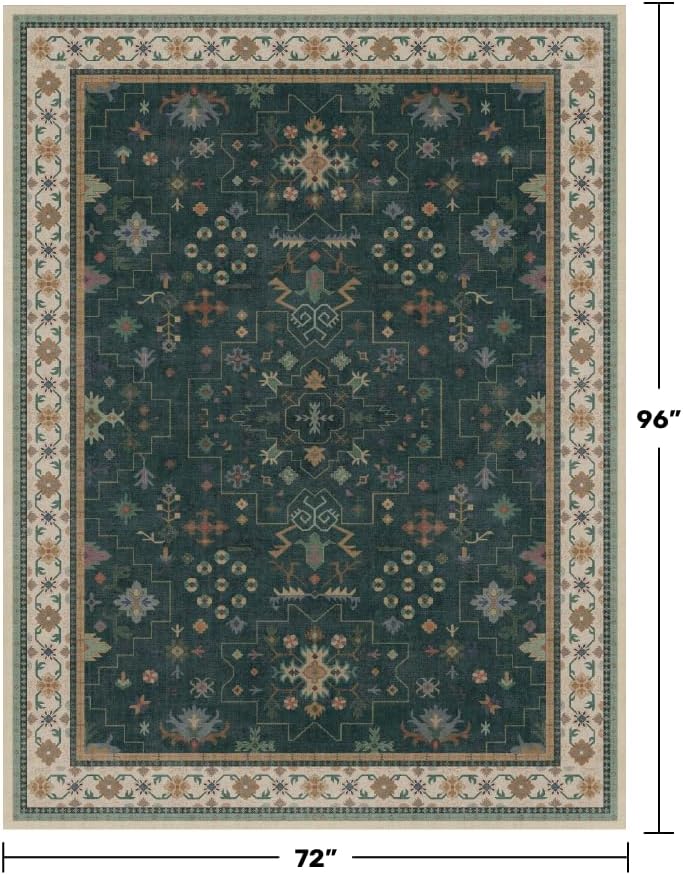 Hazo Haus Vintage Dark Green 6x8 Dining Room Rugs for Under Kitchen Table - Washable Livinig Room Rug - Unique Floral Pastel Low Pile Non-Slip Area Rugs for Bedroom - Image 2