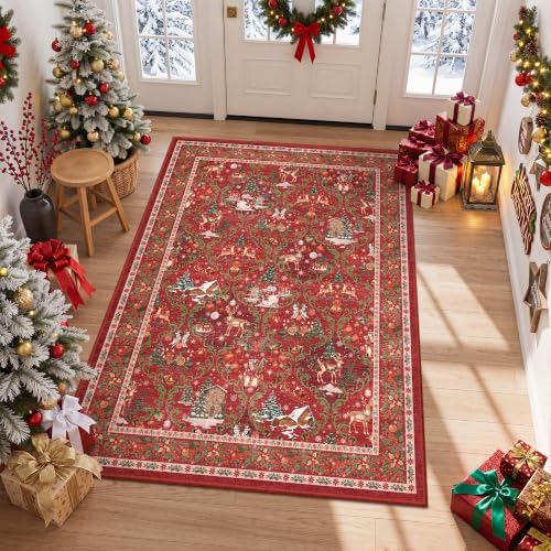3x5 Christmas Kitchen Rugs for Living Room,Washable Area Rug,Red by Restydon