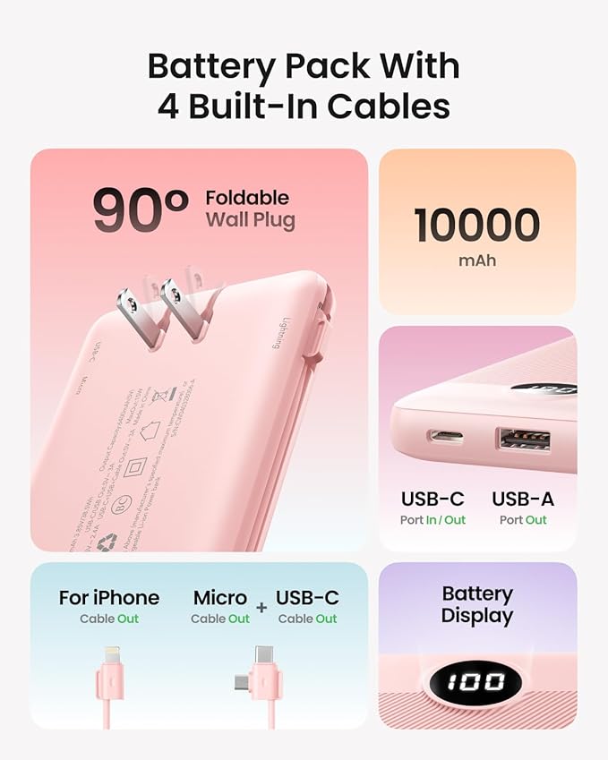 Coowisty Portable Charger Built-in Cables and Wall Plug, 10000mAh Slim USB C Power Bank, LED Display External Battery Pack Compatible with iPhone/Android & More (Pink)