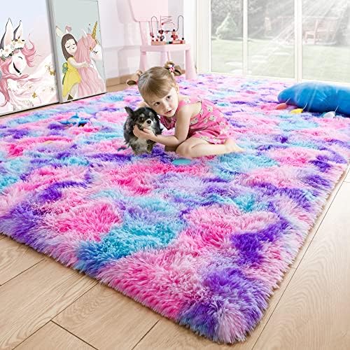 4x6 Tie-Dyed Pink Purple Blue Fluffy Area Rug Non-Slip for Kids Bedroom by ModernHomeDecor