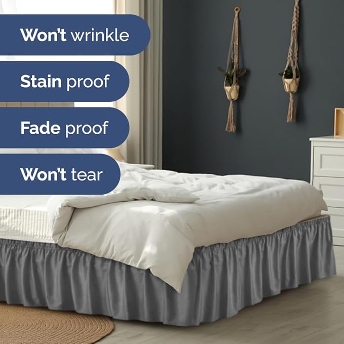 Wrap Around Dust Ruffle Bed Skirt - Dark Grey - for Queen Size Beds w/ 14 Inch Drop - Easy Fit Elastic Strap - Adjustable Pleated Bedskirt with Brushed Fabric, Wrinkle Free Women, Men, Kids and Teens