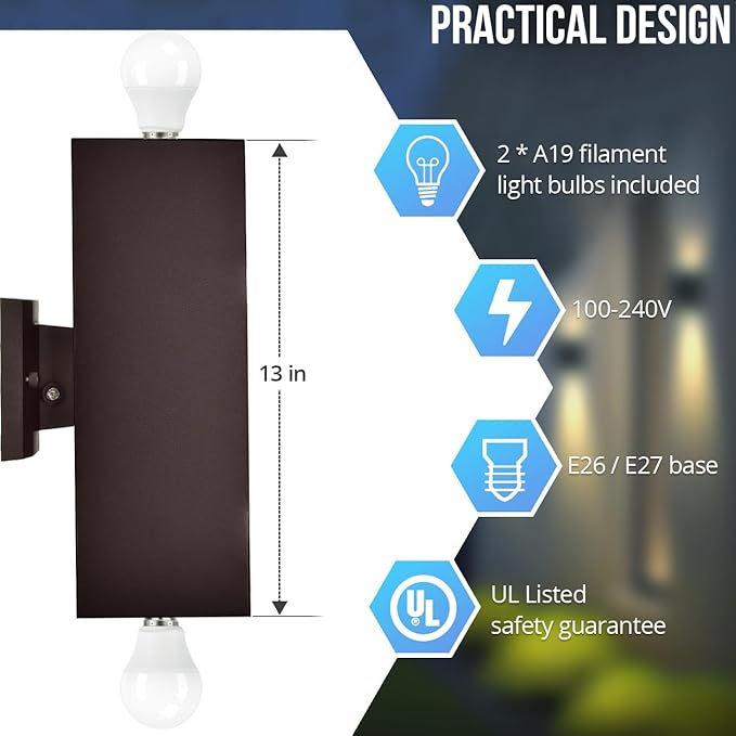 wowlite Modern Up Down Wall Lights Outdoor Dusk to Dawn Photocell Sensor, LED Outdoor Wall Lighting, IP65 Waterproof Bronze Porch Lantern, 13" Square Wall Sconce for House Garden Entrance, 2 Pack