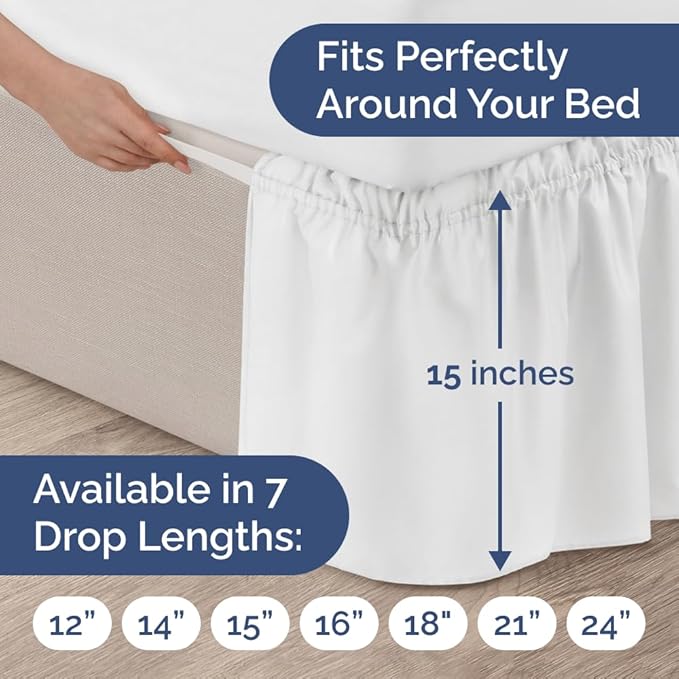 Wrap Around Dust Ruffle Bed Skirt - White - for Full Size Beds with 15 Inch Drop - Easy Fit Elastic Strap - Adjustable Pleated Bedskirt w/Brushed Fabric - Wrinkle Free - for Women, Men, Kids & Teens