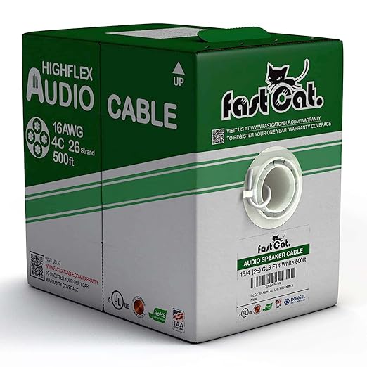 fast Cat. Audio Cable/Speaker Wire 500ft Pull Box- PVC Jacket - UL Listed & (CMR-CL3R-FT4) Rated in-Wall Use - 100% Oxygen-Free Pure Bare Copper (OFC) - (16AWG 4C (26) MidFlex, White)