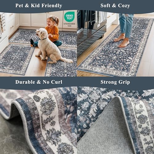 2x3 Non-Slip Washable Kitchen Rug - Boho Soft Small Area Rug for Sink, Entryway, Pet Area & Bathroom - Low Pile Thin Indoor Door Mat (Blue,2x3) - Image 5