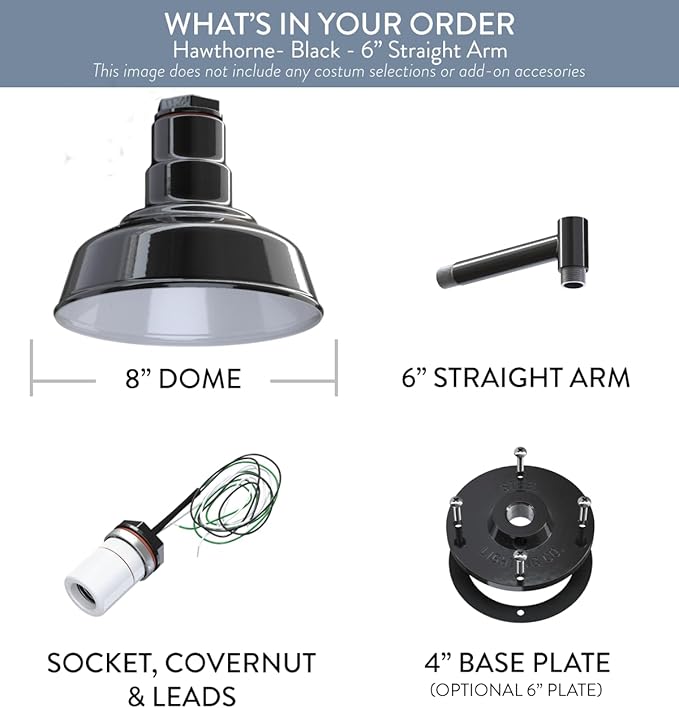 Steel Lighting Co. Hawthorne Barn Light | Outdoor Wall Mounted | 8 inch Dome | 6 inch Straight Arm| Small Farmhouse Light Made in America | Black Exterior/White Interior