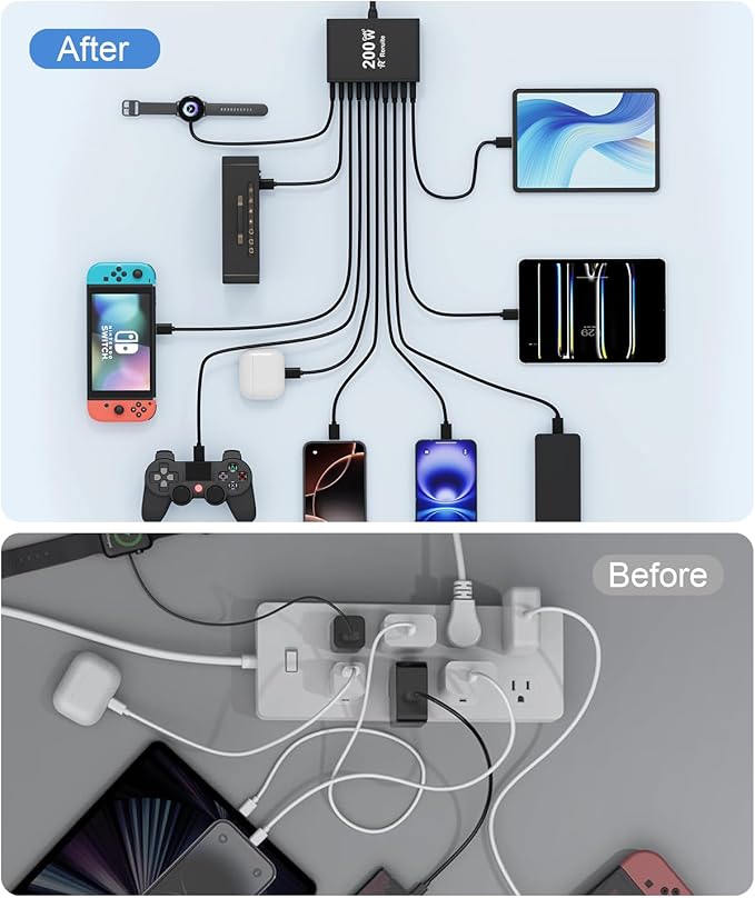 USB C Charging Station 10 Port with 4 USB Cables, 200W GaN Type C Charger Block, Wall Charger Power Strip Adapter Plug for iPad iPhone17 16 15 14 13 12 Pro Max Pixel Note Galaxy