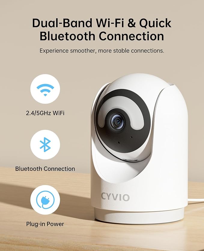 CYVIO 5MP Indoor Security Camera, 3K Pan-Tilt WiFi Surveillance Camera with AI Motion Detection, Human Tracking, Color Night Vision, 2-Way Audio, Bluetooth Setup, No Subscription, for Baby/Pet/Home