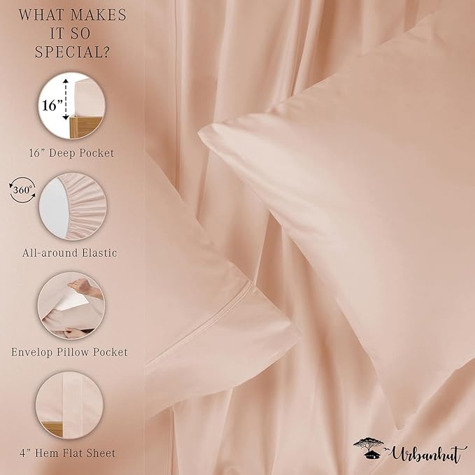 URBANHUT 800 Thread Count 100% Cotton King Size Sheets, Luxury 4 Piece King Bedsheets, Hotel Sheets Sateen Finish - Better Than Egyptian, 16" Elasticized Deep Pocket - Blush Pink