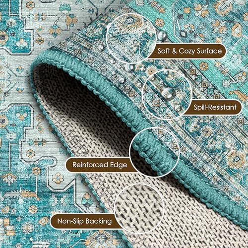 Washable Area Rug 4' x 6' Vintage Traditional Persian Mat - Foldable Distressed Non-Slip Machine Washable Carpet for Living Room Bedroom Kitchen Home Decor - Teal and Gold - Image 6