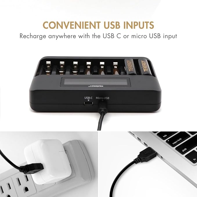 Tenergy 8 Count AA NiMH Premium Pro Rechargeable Batteries and TN480U 8-Bay LCD Display Fast Charger