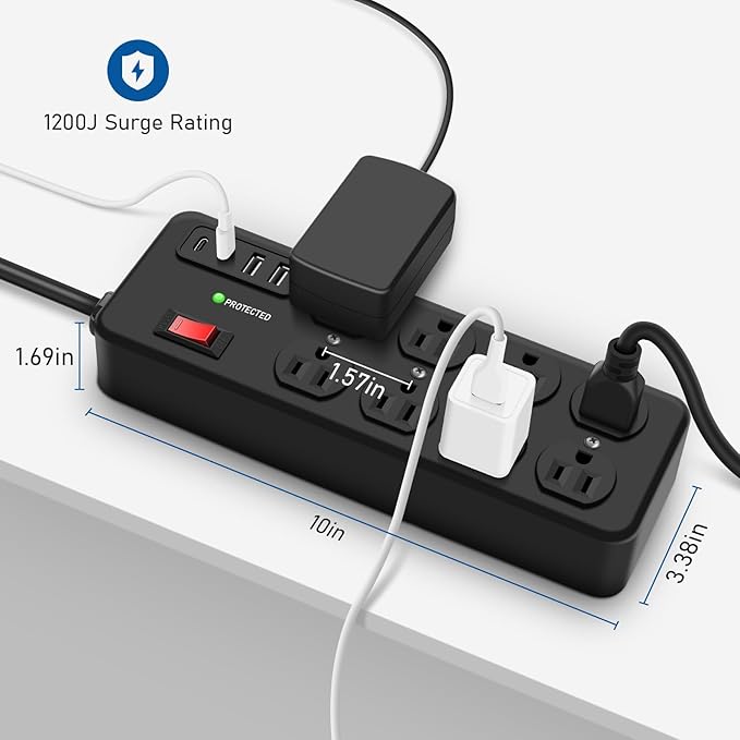 Heavy Duty Power Strip with USB,8 Outlet Workshop Metal Power Strip,PD20W USB C 15A 1200 Joules Surge Protection,Wide Spaced,15FT Cord