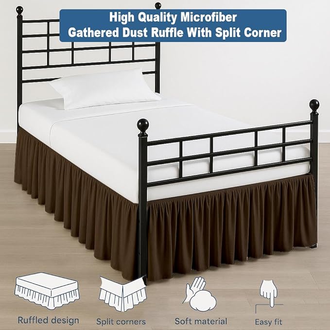Ruffled Bed Skirt Split Corners with Platform, Tailored Fit Hotel Quality Wrinkle Free Ultra-Soft Microfiber Dust Ruffle, Upto 21 Inch Drop, Queen, Chocolate