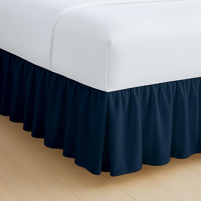 Rajlinen Ruffled Bed Skirt California King, 15 Inch Drop Dust Ruffle with Split Corners, 100% Microfiber Bedskirt with Platform, Three-Sided Coverage Ruffled Gathering Design, Navy Blue