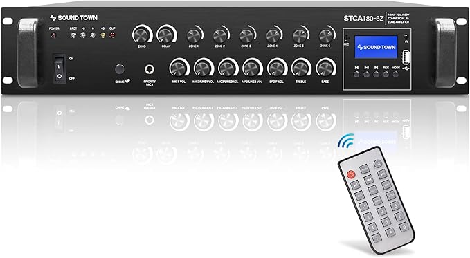 Sound Town Commercial Restaurant Bluetooth Amplifier + Surface-Mount Speaker Set, with One 6-Zone 70V/100V Amplifier with Bluetooth, 4 x 5.25-Inch Surface-Mount Speakers, White (STCA180X4MS5W)